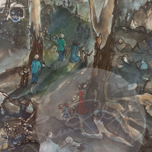 sue gee - covid sightseers - Indian ink watercolour
